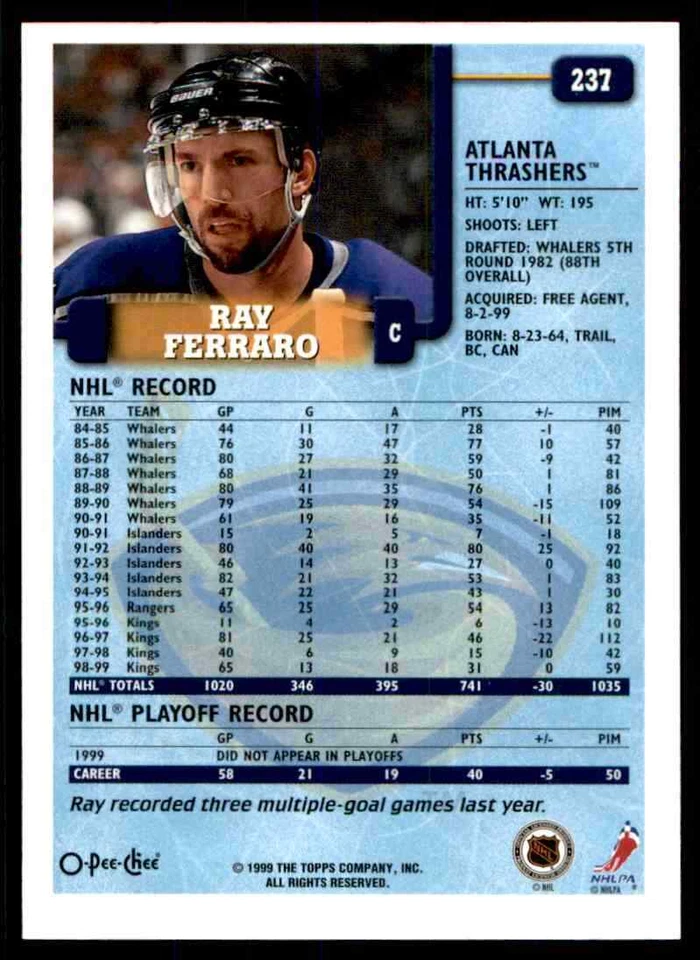 1999-00 O-Pee-Chee Ray Ferraro #237 - Image 2 of 2
