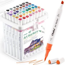 Ohuhu Markers, 48-color Double Tipped Alcohol Markers Brush& Chisel for Beginner