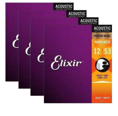 1-4x Elixir Nanoweb Akustikgitarrensaiten Phosphor Bronze 12-53 Light Saiten