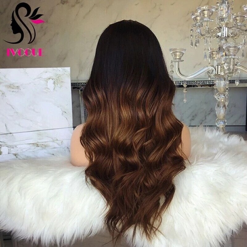 13x6 Lace Front Wig Long Wavy Glueless Brown Ombre Human  display picture 1