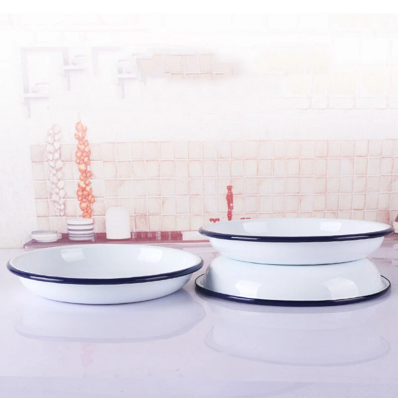 1PC 22cm Retro Weiß Emaille Teller Gebäck Camping Picknick Ess Schale Tablett - Bild 3 von 4