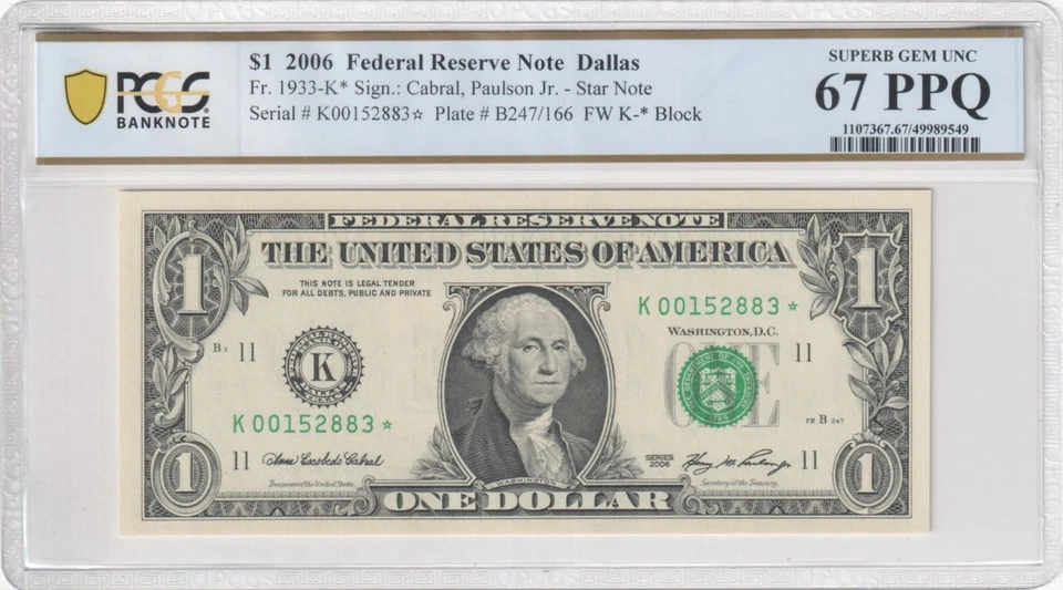 $1 2006 One Dollar Star Note Fr.1933-K Dallas* PCGS Graded 67PPQ RARE - Image 3 of 3