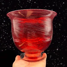Art Glass Vase Footed Bowl Red with Specks of Glitter Clear Bottom 6”T 7”W