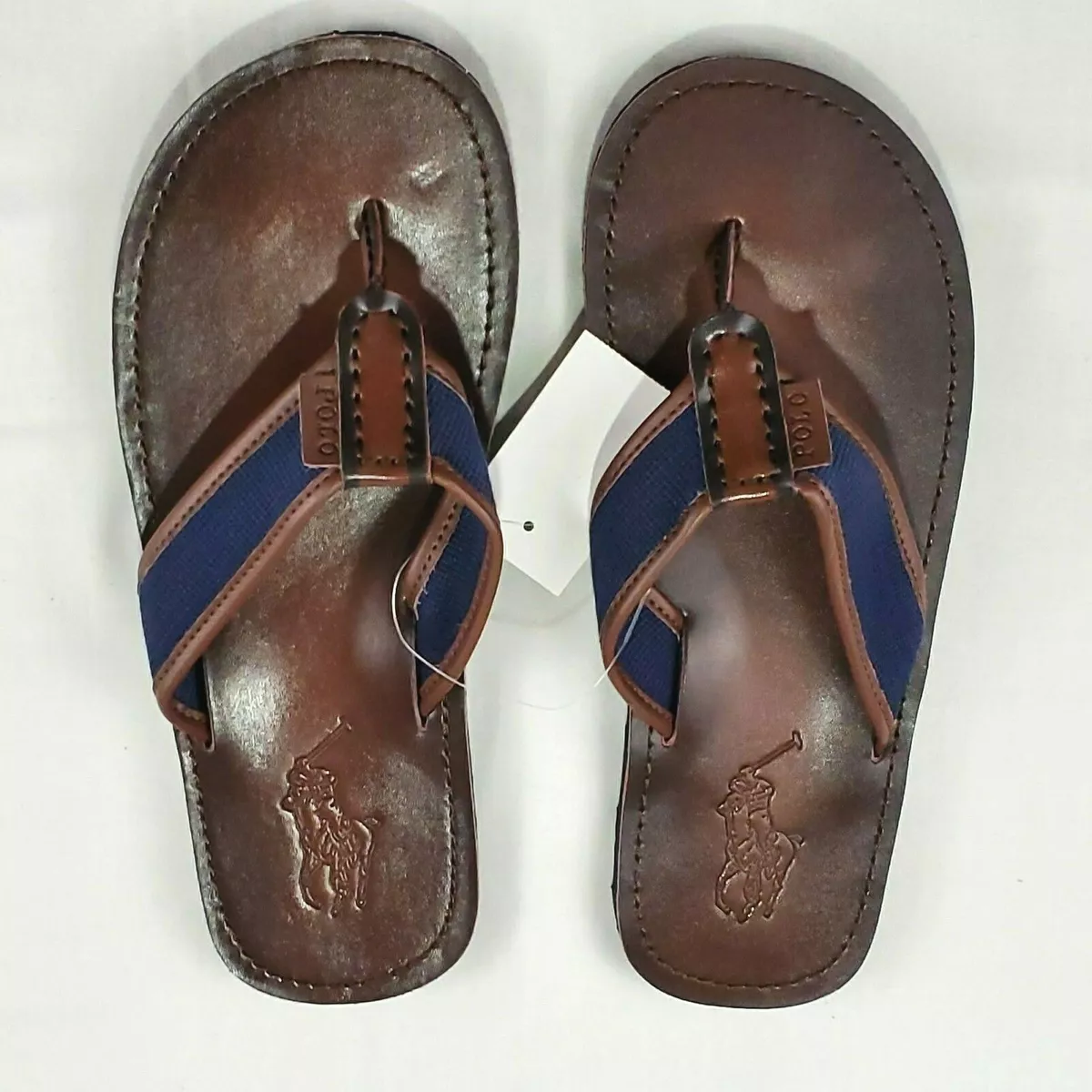 Polo Ralph Lauren Mens Sullivan Leather Flip Flops Sandals Brown Navy Size US 8