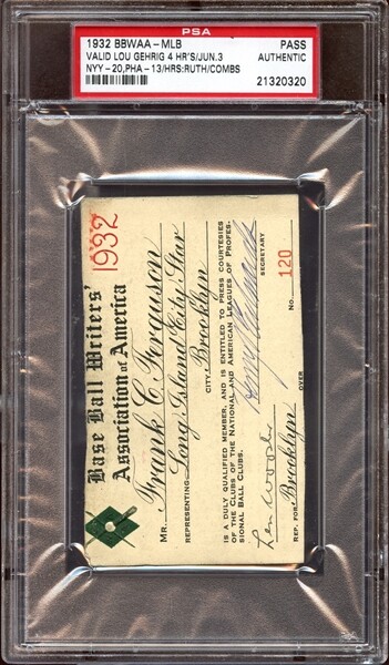 1932 Ticket  Pass PSA Gehrig 4 HR One GM/Babe Ruth 41 HR+ Called Shot/Foxx MVP⚾️