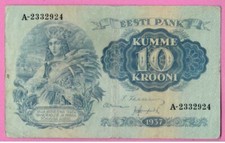 ESTONIA 10 KROONI 1937 P # 67a WOMAN IN NATIONAL COSTUME 1593
