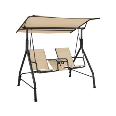 2-Seat Outdoor Patio Swing Loveseat w/Adjustable Canopy and Tempered Glass Table