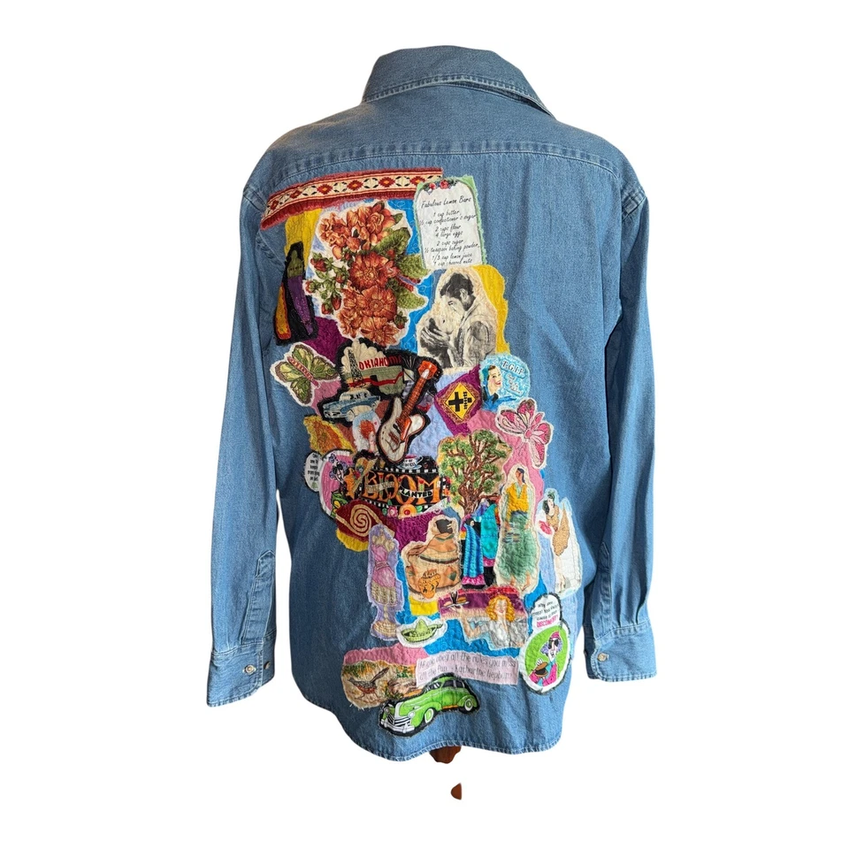 Upcycled Harriton Denim Shirt Jacket | 2XL Quilted Folk Art Patchwork Vintage - Image 3 of 4