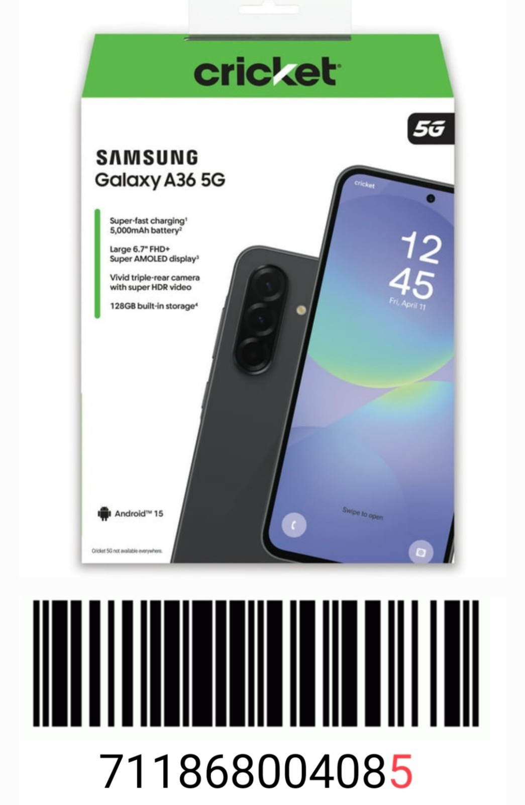 Cricket Wireless Samsung Galaxy A36 5G 6.7"/6GB/128GB Black Prepaid Phone🔒🦗 🆕