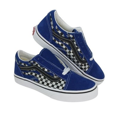VANS OLD SKOOL Boys NEW Reflective Checkered Flame Blue Sneakers - sz. 2 1/2Y