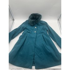 Rothschild Youth Med 10-12 Teal Holiday Faux Fur Collar Bow Button Pea Coat