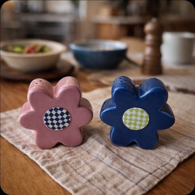 Flower Salt & Pepper Shaker Set - Pink Blue Stoneware -
