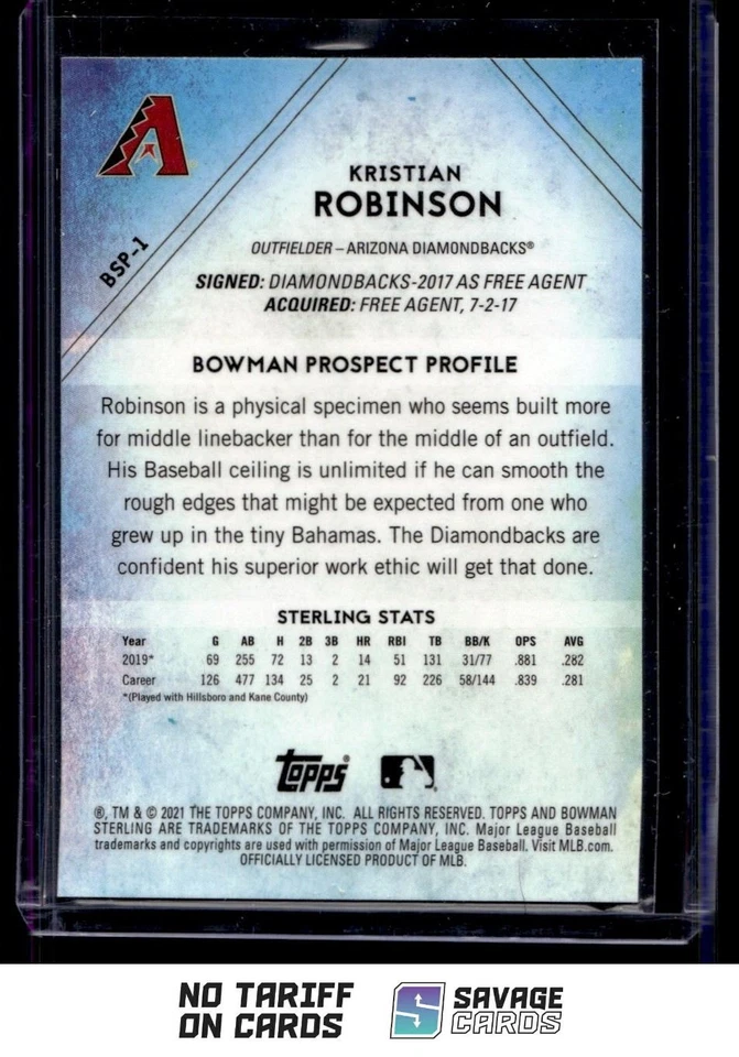 2021 Bowman Sterling Kristian Robinson #BSP-1 Arizona Diamondbacks - Image 2 of 3