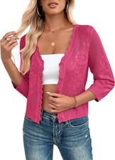 Women's Cropped Cardigan Lightweight 3/4 Sleeve Button Down Crochet Shrugs