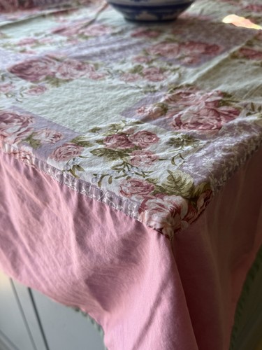 Vintage Homemade Square Tablecloth Cottagecore Quilt Cabbage Roses Shabby Chic