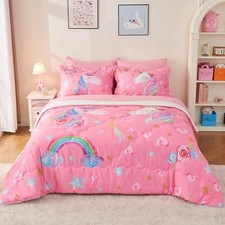 Pink Comforter Set for Girls 7 Piece Cute Cartoon Bedding Set Queen Unicorn