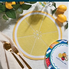 NEW SET 4 MEDITERRANEAN YELLOW ROUND WOVEN PLACEMATS SUMMER OUTDOOR DINING.