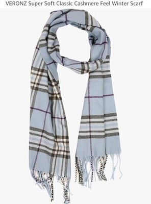 VERONZ Cashmere Feel Plaid Winter Scarf Light Blue Gray White Purple Fringe