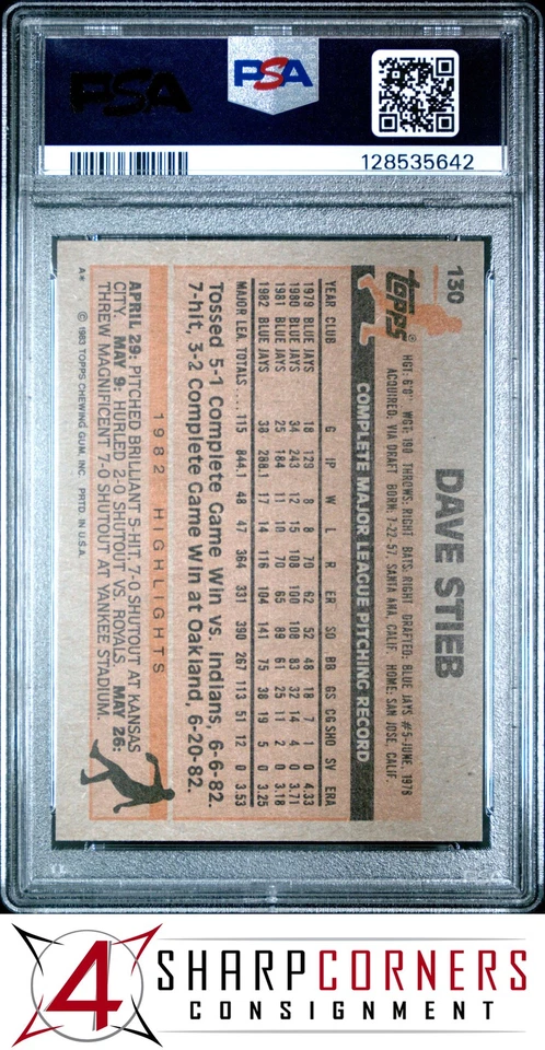 1983 TOPPS #130 DAVE STIEB BLUE JAYS PSA 10 - Image 2 of 3