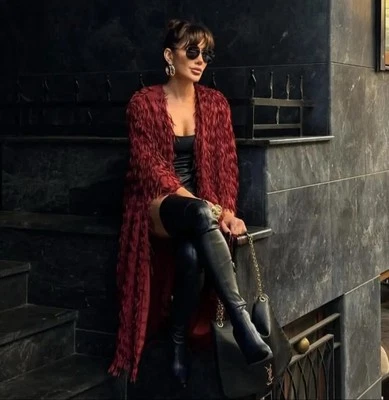 ZARA NEW WOMAN COAT WITH FRINGING Maroon Size S 3920/097 - Image 1 of 4