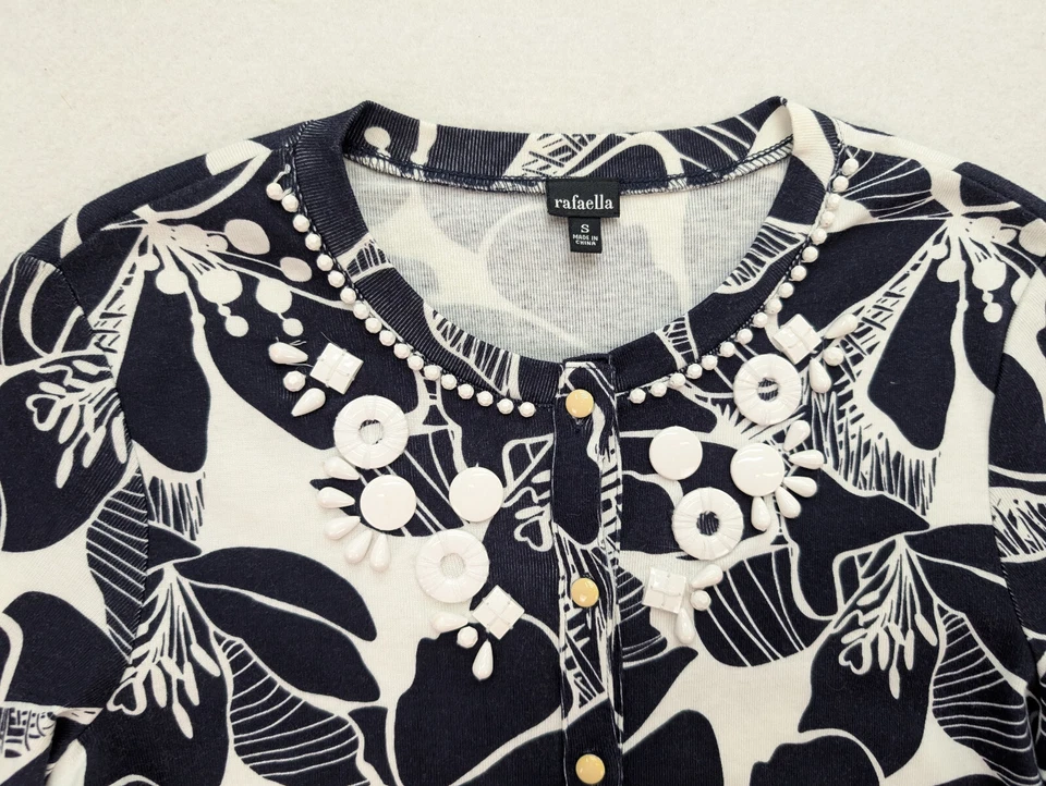 Suéter cárdigan tejido elástico estampado floral azul blanco talla S de Rafaella para mujer Foto 4 de 4