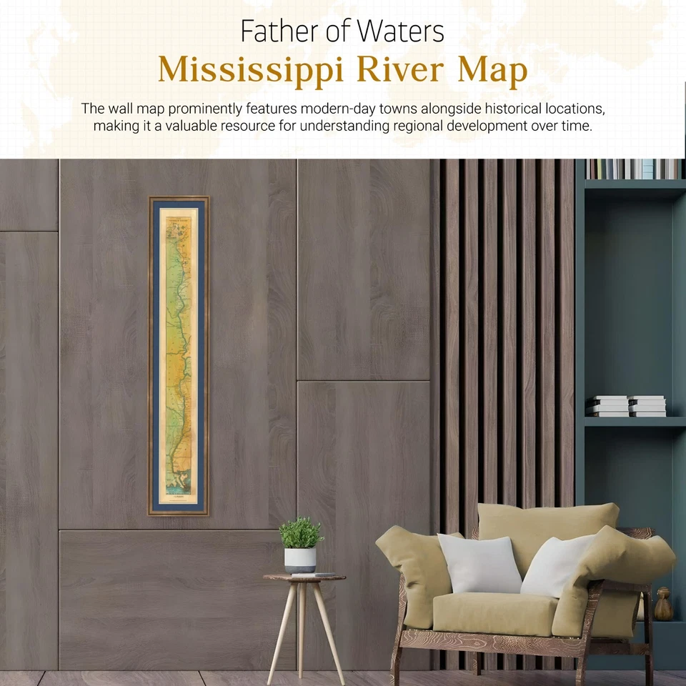 Póster mapa del río Mississippi Father of Waters 1887 - arte de pared decoración de casa de lago Foto 2 de 4