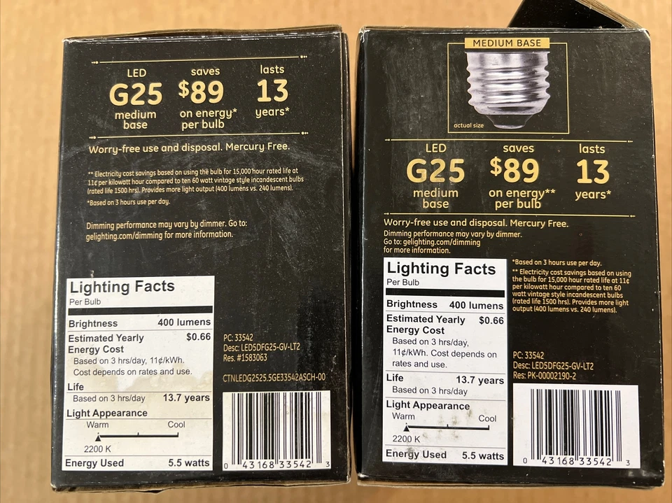 GE Vintage Style LED Light Bulbs G25 Medium Base 60W Amber Glass (2 Boxes) - Image 3 of 4