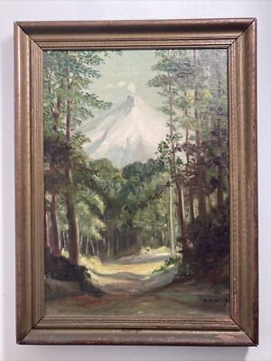 Antique Vintage Original Oil Painting Forest Clearing Volcano Landscape -Signed