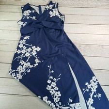Womens Midi Dress Large Blue Floral Faux Wrap Sleeveless V Neck Zip Up Sundress
