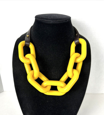 Vintage Ben Amun RARE Yellow Lucite Large Link Faux Leather & Chain Necklace 22''