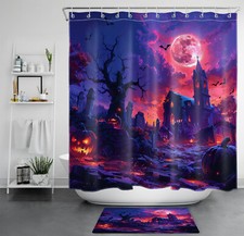 Spooky Full Moon Gothic Castle Halloween Shower Curtain Bathroom Accessories Set