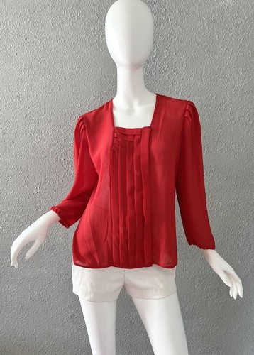 Vintage 70s Red Pleated Chiffon Slouchy Sheer Blouse Top S/M - Picture 9 of 11