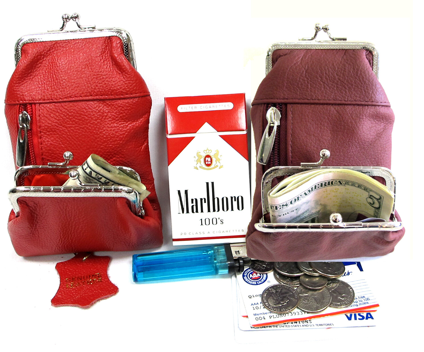 Women's Leather Cigarette Case Pouch+Coin Purse 100s King 84s 2pc Lot RED + WINE