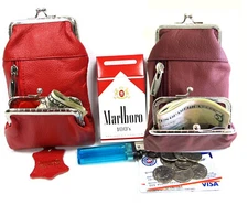 Women's Leather Cigarette Case Pouch+Coin Purse 100s King 84s 2pc Lot RED + WINE