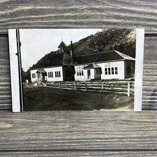 Vintage Postcard Black And White Photograph School House With Fence