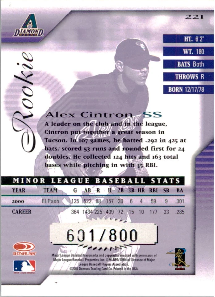 2001 Donruss Signature #221 Alex Cintron /800 - NM-MT - Image 2 of 2