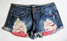 REWASH 7/28 Blue Denim Jeans Mini Shorts 30" Low Waist Distressed Red Pockets