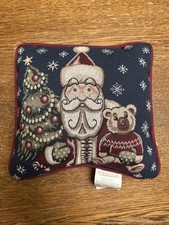 Vintage Santa  Teddy Bear Christmas Tree Tapestry Throw Pillow 13  