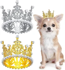 2 PCS Medium Dog Crown Headband Faux Pearl Rhinestone Birthday/Wedding Silver