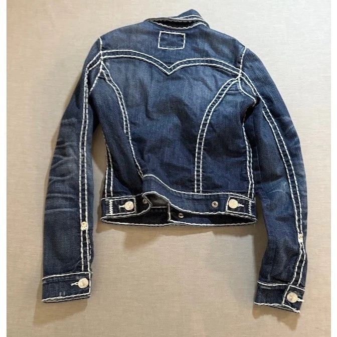 Chaqueta de mezclilla True Religion Trucker para mujer S jean occidental adornada lavado oscuro Foto 4 de 4