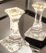 Orrefors Crystal Art Deco Candle Stick Holders Heavy 5.5" MCM VTG Pair Regency