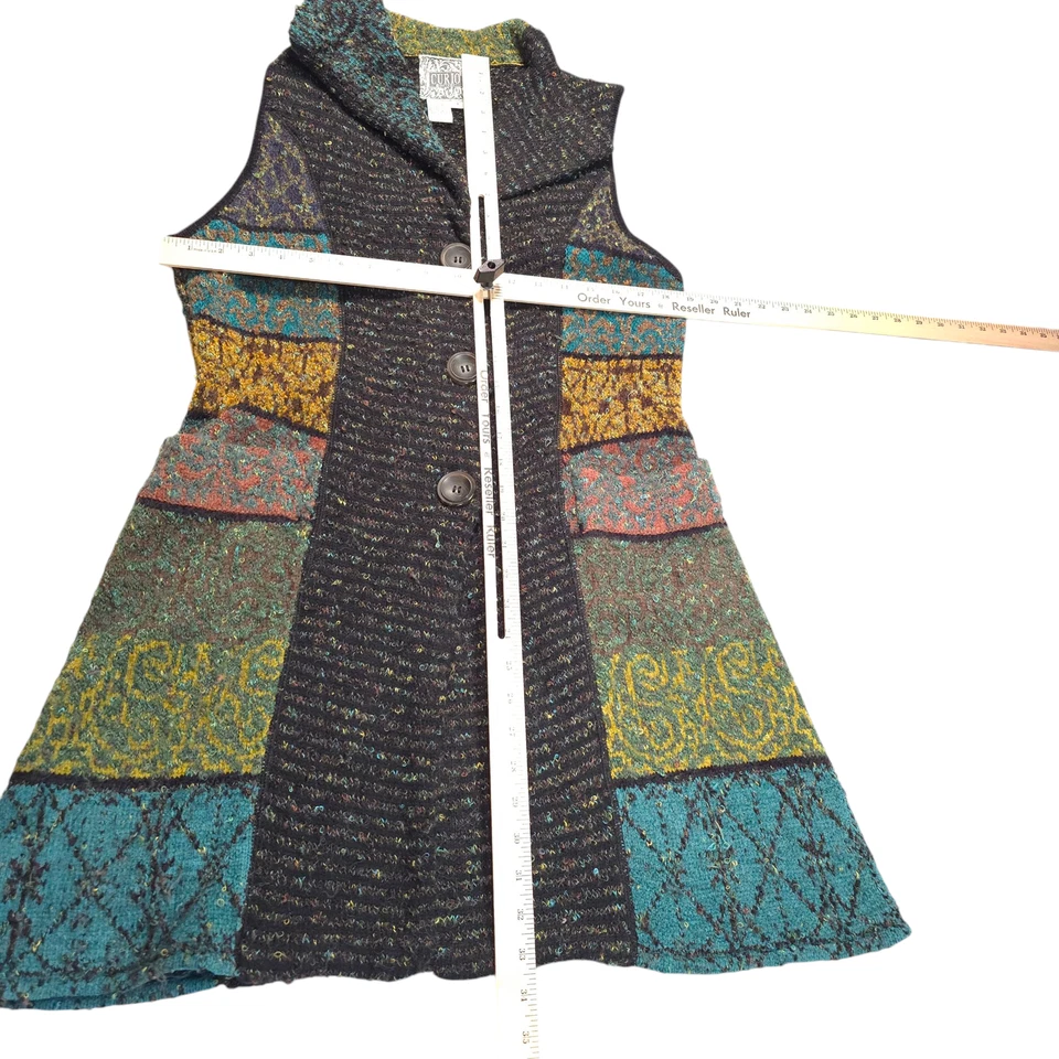 Curio Long Line Cardigan Vest Pockets Mixed Media Women Size L Color Block Boho - Image 4 of 4