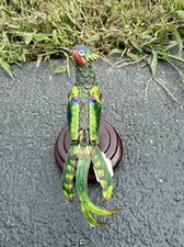 Awesome Chinese Vintage Enamel Export Silver Bird Of Paradise On Wood Base