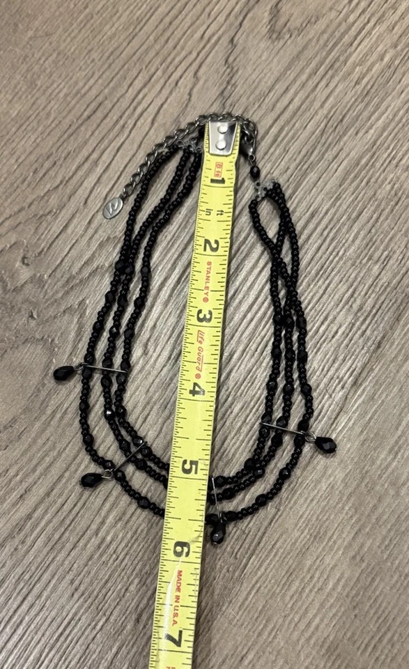 Napier Black Beaded Multi-Strand Choker Necklace Silver Tone Teardrop Dangles - Image 3 of 4