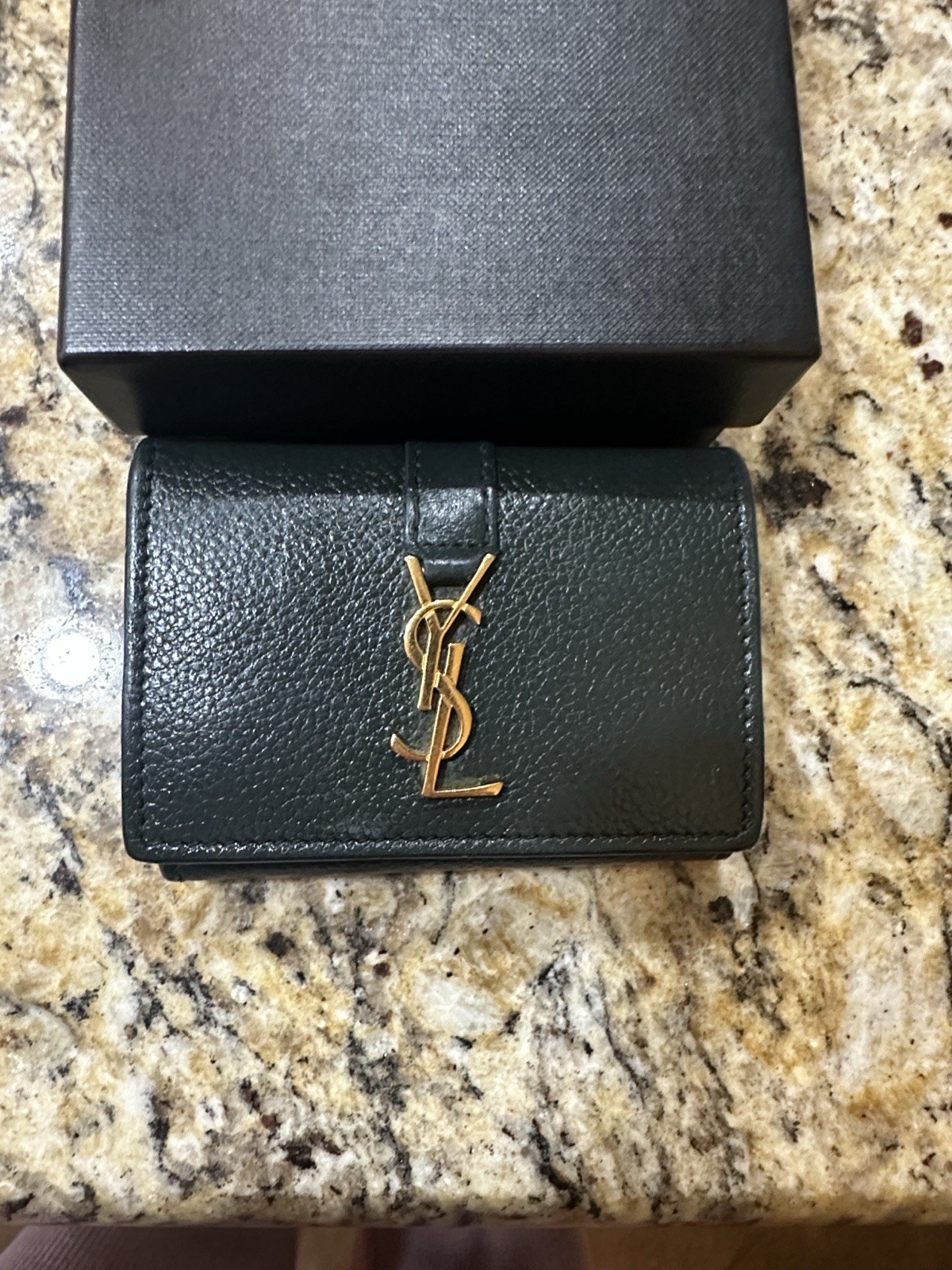 YSL Saint Laurent Dark Green Or Black Compact Wallet with Box - Coin Holder