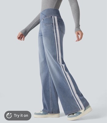 Halara Wide Leg Denim Pants Side Stripe High Waist Regular Large