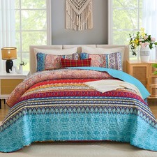 WONGS BEDDING Bohemian Quilt Set Queen Size, Boho Striped Pattern Quilts Bedspre