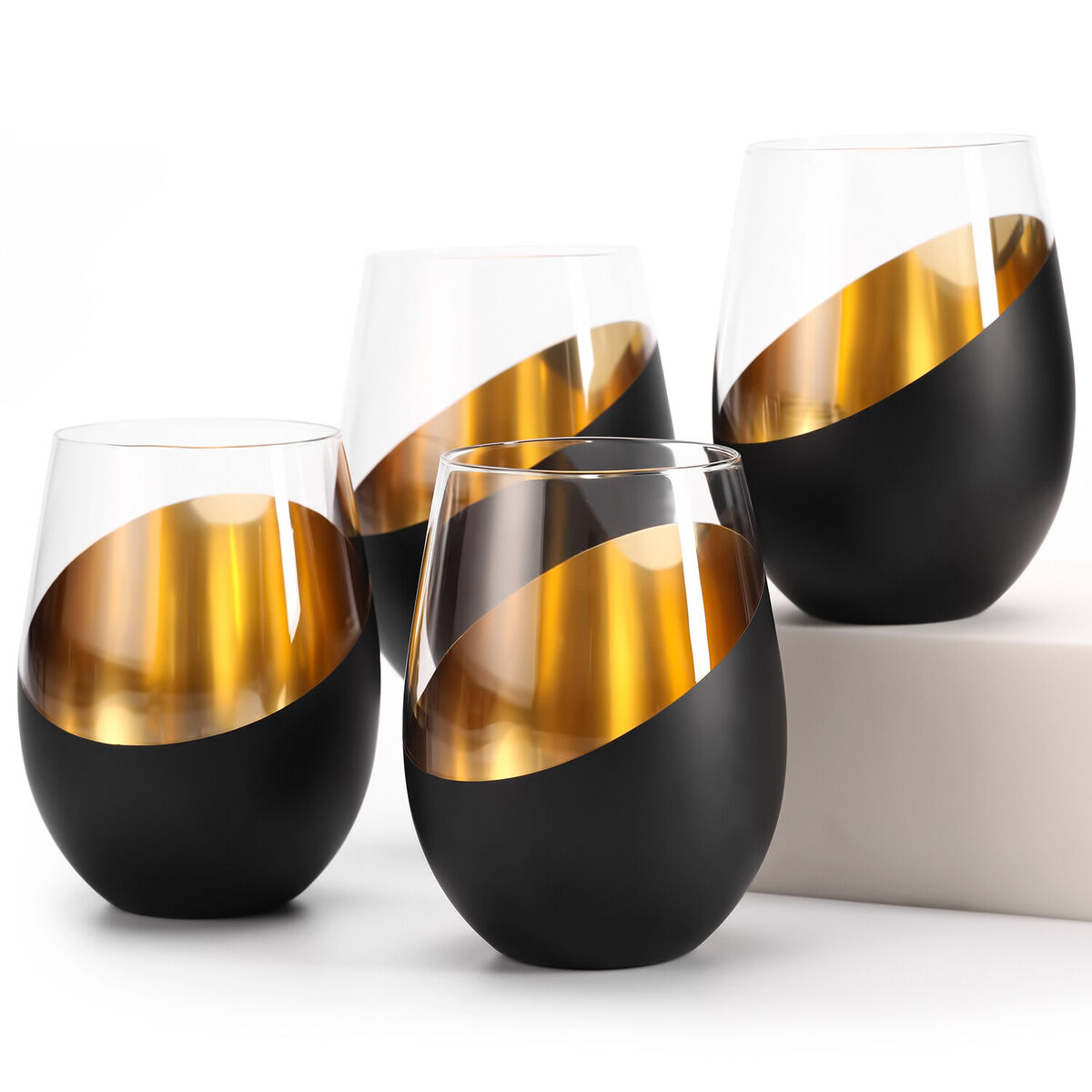Matte Black & Gold Stemless Wine Glasses, Set of 6