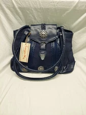 Canyon Sky Southwestern Denim Blue Shoulder Bag with Faux Leather Navy Trim
