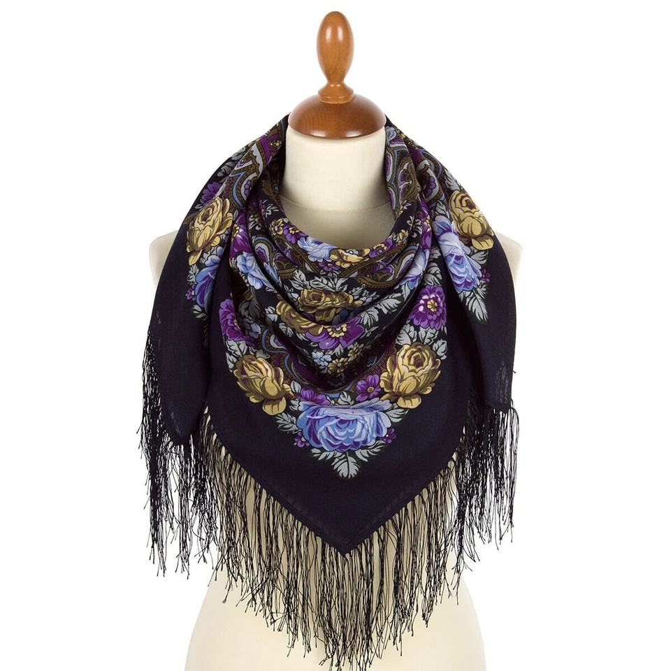 Midday Blue Pavlov Posad Wool Shawl with Silk Fringe 35x35" Russian Shawl 206-14 - Image 2 of 2